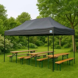 EZ UP Faltpavillon 3x6m mit Bierzeltgarnitur im Garten